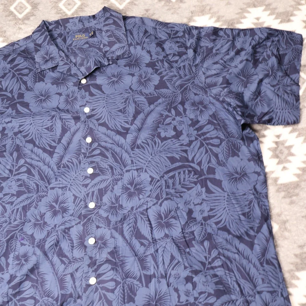 Polo Ralph Lauren Blue Floral Hibiscus Tropical Shirt 4XLT Tall Loop Collar